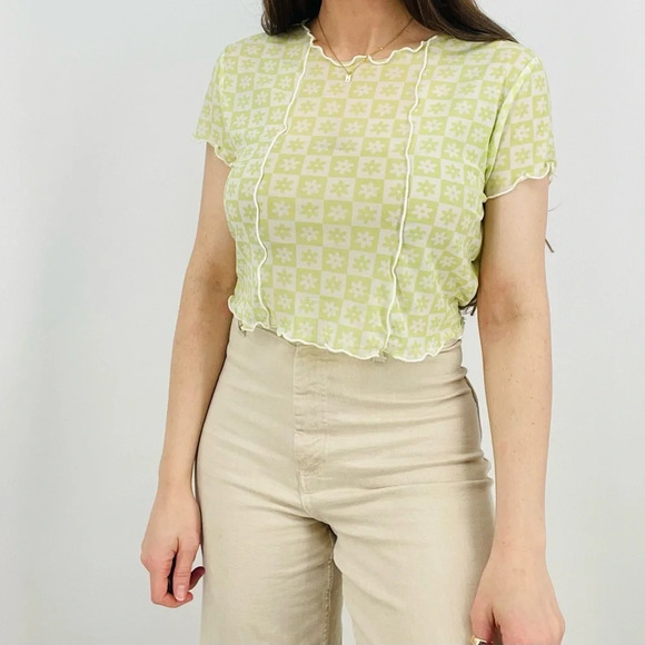 boho trendy sheer rave floral lime green lettuce edge layering tee XS/s - Picture 1 of 6